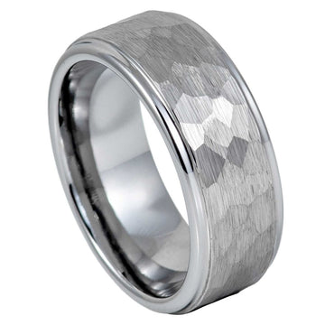 9mm Tungsten Ring with Stepped Down Edge and Hammered Center