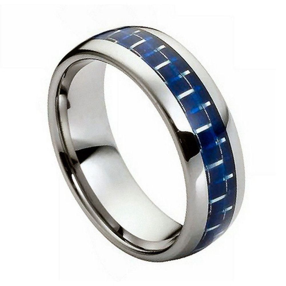 8mm Tungsten Ring with Blue Carbon Fiber Inlay, High Polish