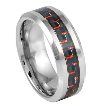 8mm Tungsten Ring with Red & Black Carbon Fiber Inlay