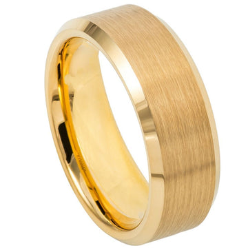 8mm Tungsten Ring with Yellow Gold IP Brushed Center and Shiny Beveled Edge