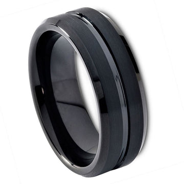 8mm Black IP Plated Tungsten Ring with Shiny Grooved Center and Brushed Beveled Edges