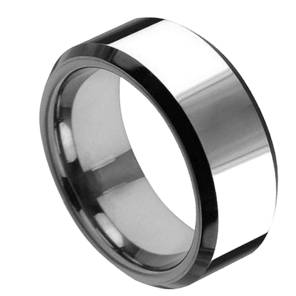 8mm Tungsten Flat High Polished Ring with Black IP Beveled Edge