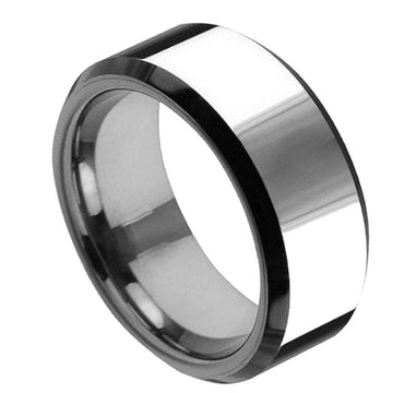 8mm Tungsten Flat High Polished Ring with Black IP Beveled Edge