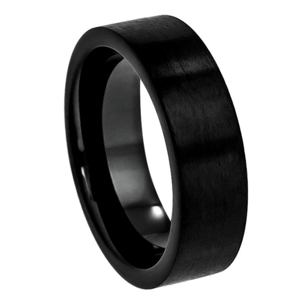 Tungsten Ring Black IP Plated Brushed Pipe Cut Band – 7mm