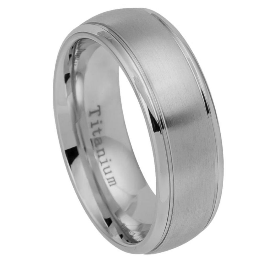 8mm Titanium Ring with Brushed Center and Shiny Grooved Edge