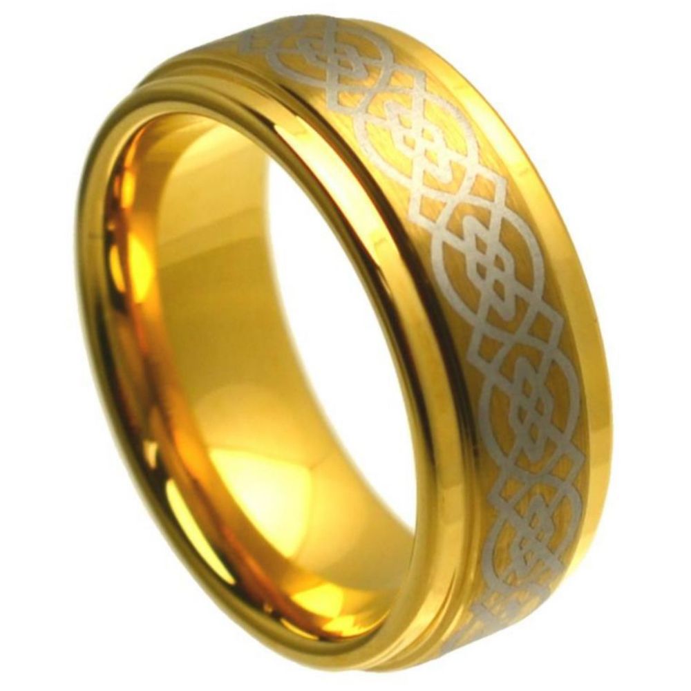 8mm Yellow Gold Tone IP Plated Tungsten Celtic Knot Ring