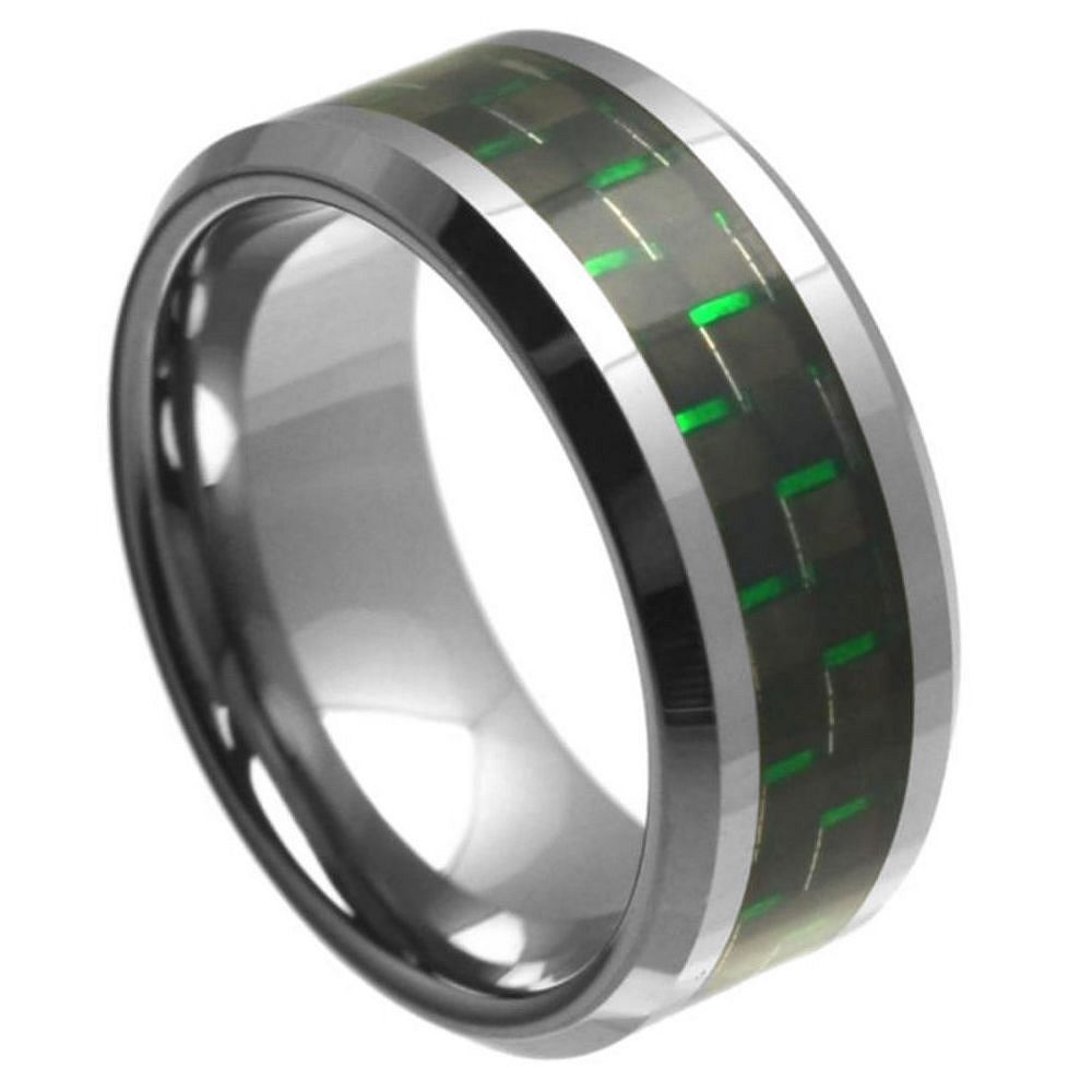 9mm Tungsten Ring with Green & Black Carbon Fiber Inlay, High Polish Beveled Edge