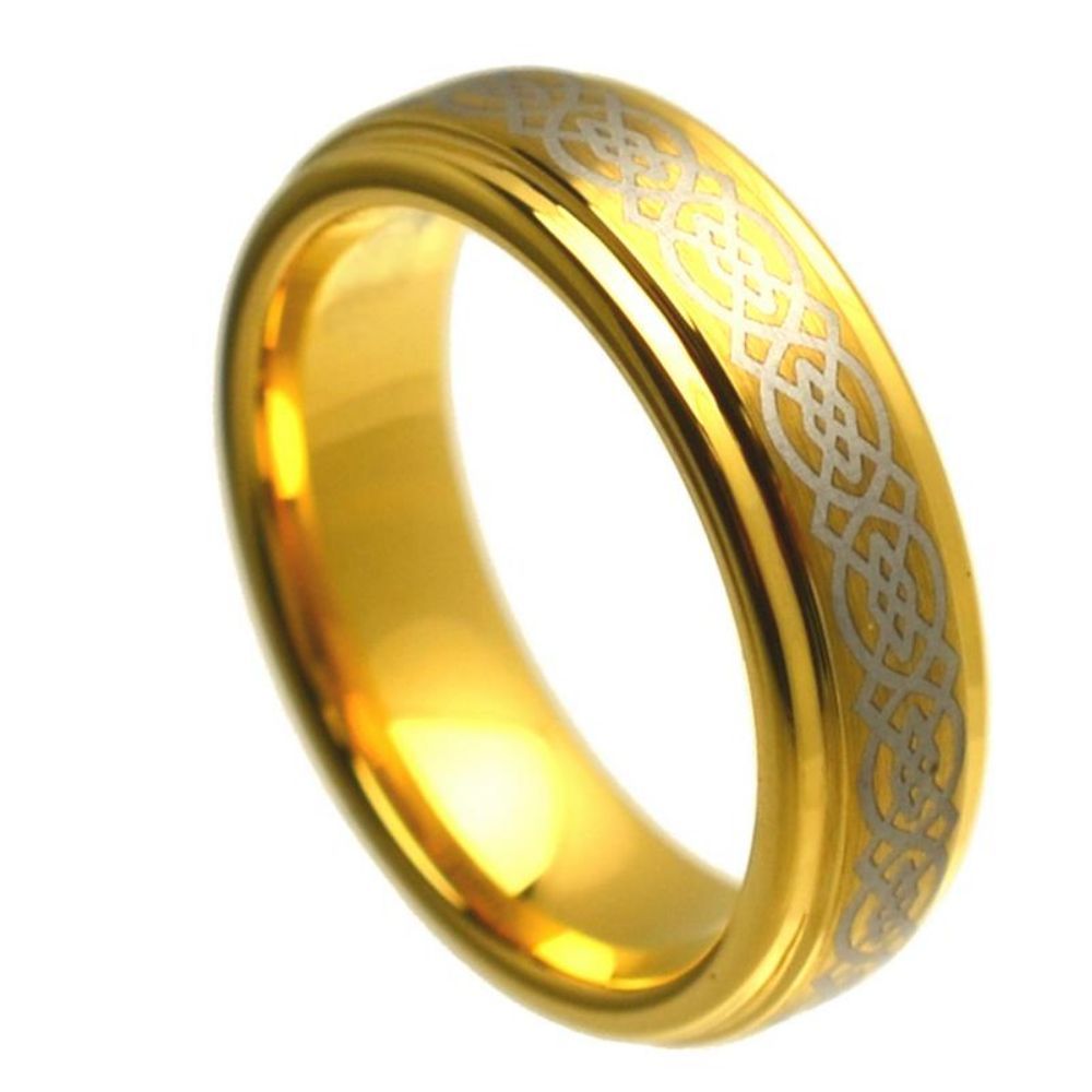 6mm Yellow Gold Plated Tungsten Celtic Knot Stepped Edge Ring