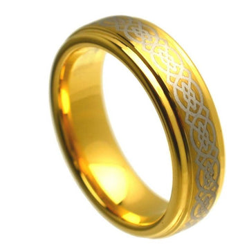 6mm Yellow Gold Plated Tungsten Celtic Knot Stepped Edge Ring