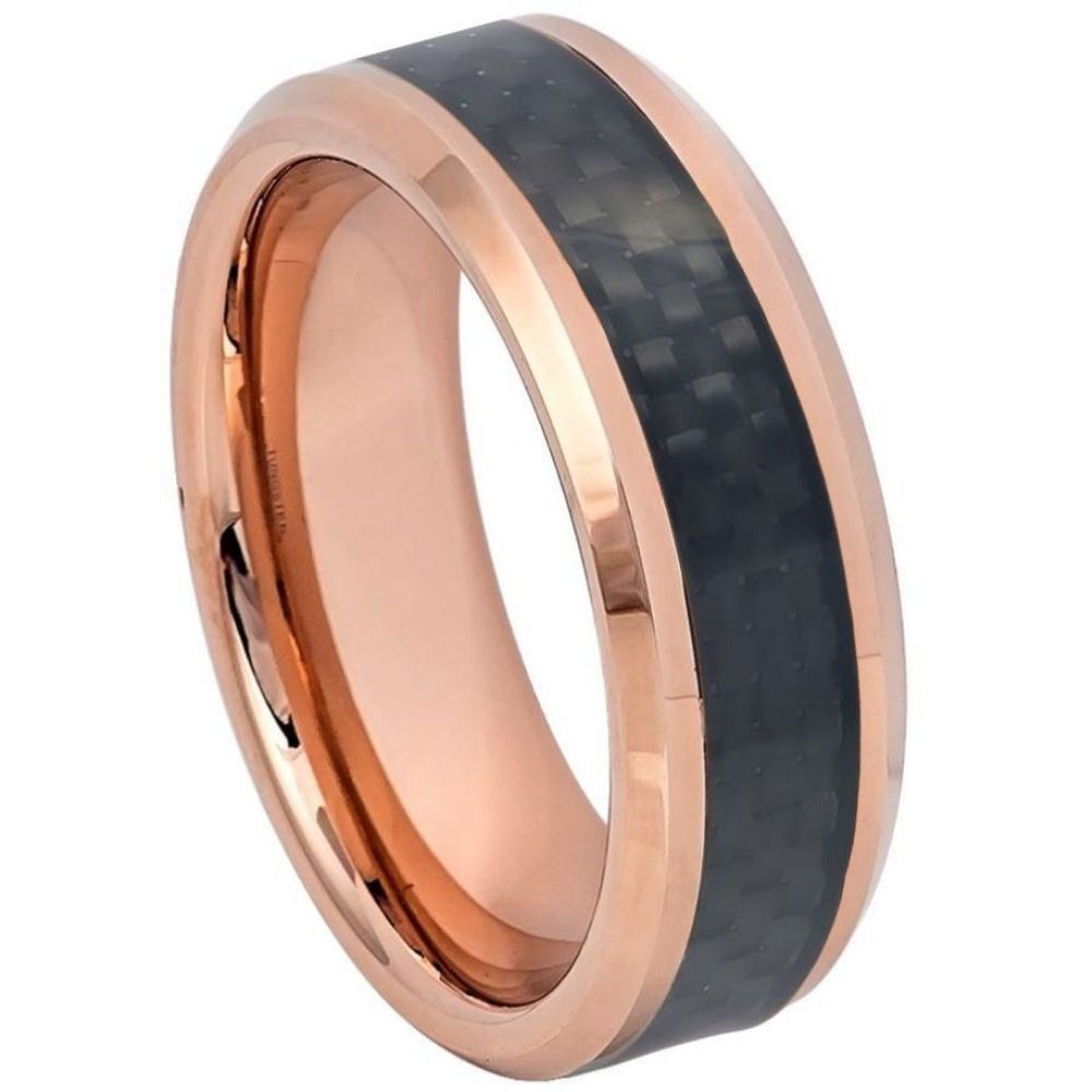 8mm Tungsten Carbide Ring with Rose Gold Plating, Black Carbon Fiber Inlay & Beveled Edge