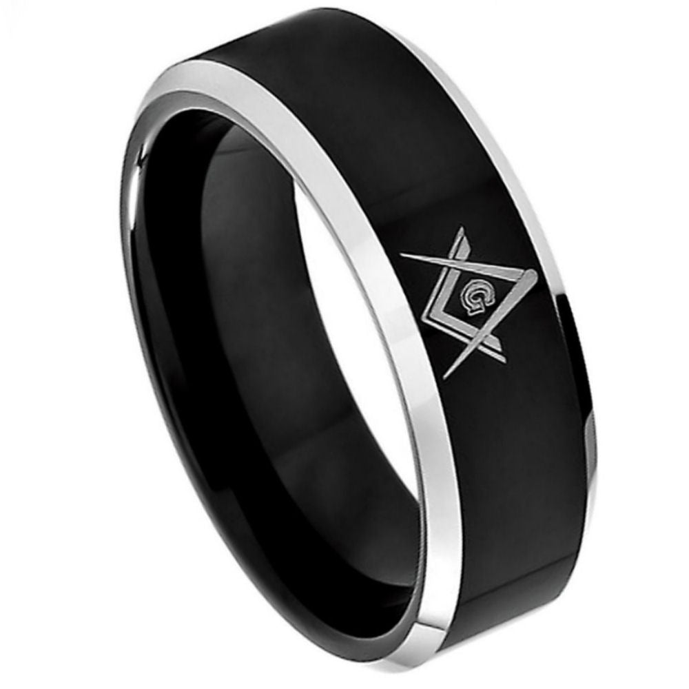 8mm Black IP Tungsten Masonic Ring with Compass & Square Laser Engraving, Beveled Edge