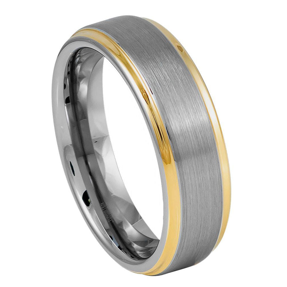 6mm Tungsten Ring Brushed Center Yellow Gold Plated Stepped Edge High Polish