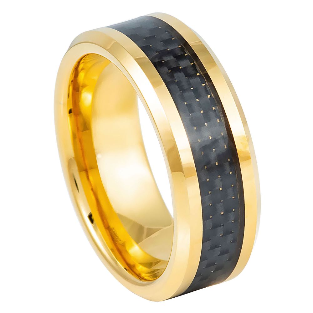 8mm Tungsten Ring with Yellow Gold Plating and Black Carbon Fiber Inlay
