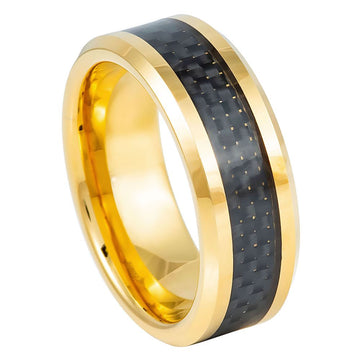 8mm Tungsten Ring with Yellow Gold Plating and Black Carbon Fiber Inlay
