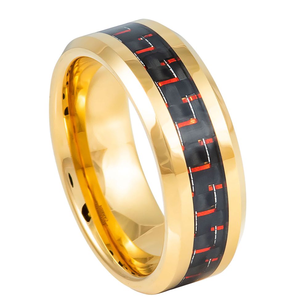 8mm Yellow Gold Plated Tungsten Ring with Red & Black Carbon Fiber Inlay and Beveled Edge