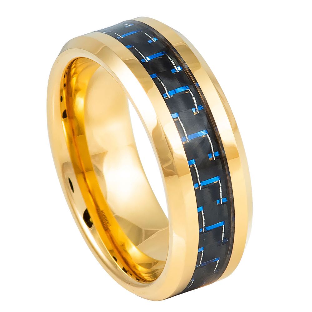 8mm Tungsten Ring with Yellow Gold Plating, Blue & Black Carbon Fiber Inlay, Beveled Edge