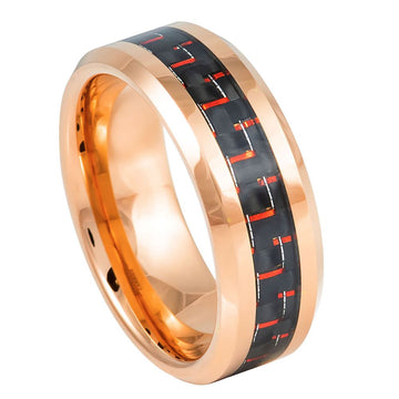 8mm Tungsten Ring with Rose Gold Plating, Red & Black Carbon Fiber Inlay, Beveled Edge