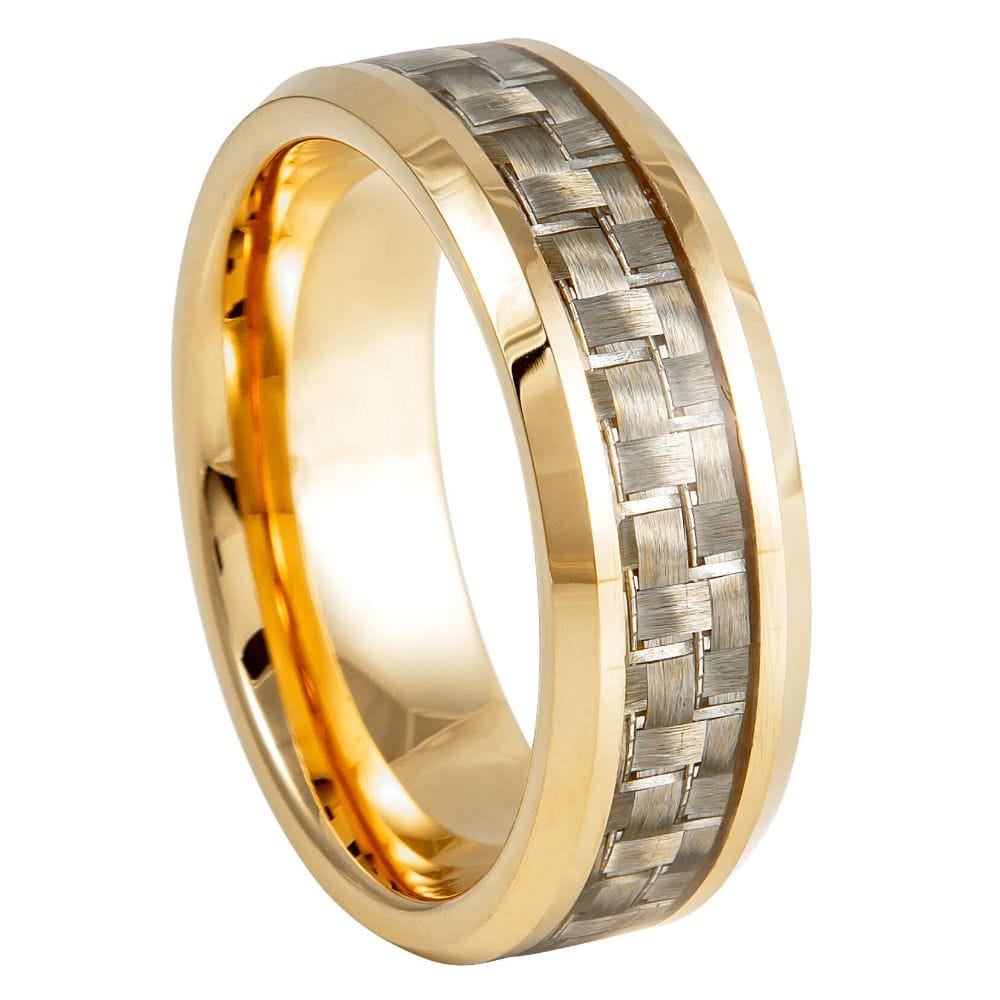 8mm Tungsten Ring with Yellow Gold Tone IP Plating and Golden Carbon Fiber Inlay, Beveled Edge