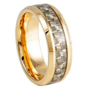 8mm Tungsten Ring with Yellow Gold Tone IP Plating and Golden Carbon Fiber Inlay, Beveled Edge