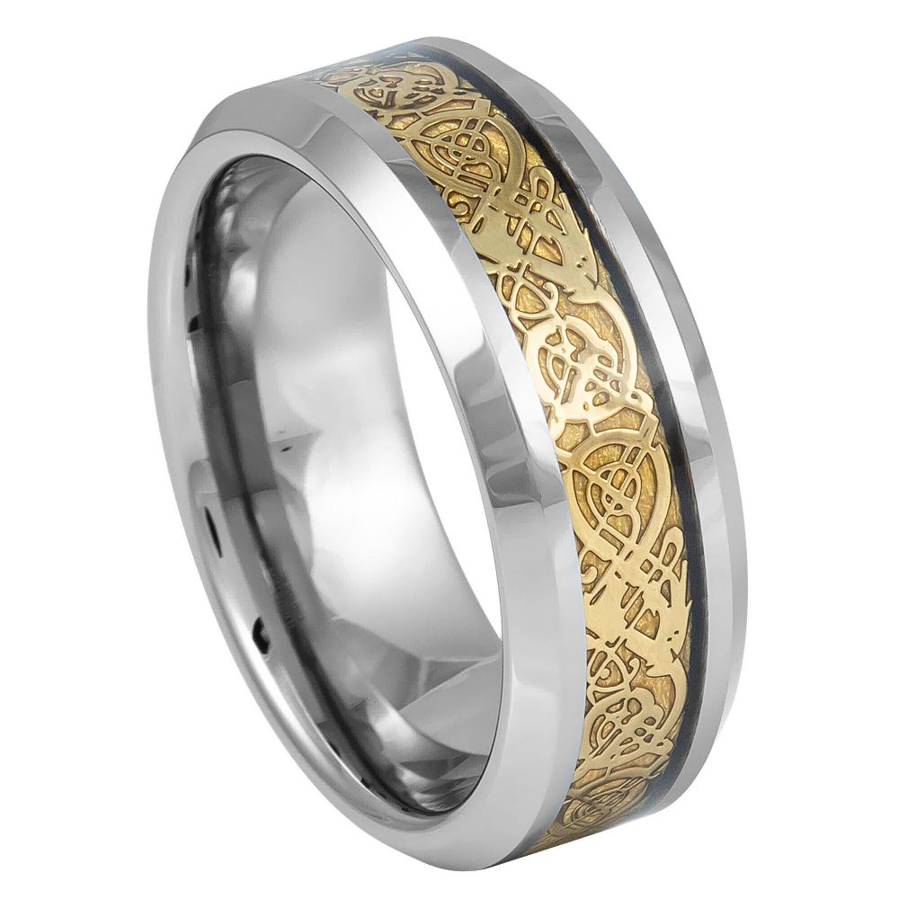 8mm Tungsten Ring with Shiny Beveled Edge and Golden Celtic Dragon Cut-Out Inlay