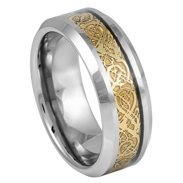 8mm Tungsten Ring with Shiny Beveled Edge and Golden Celtic Dragon Cut-Out Inlay