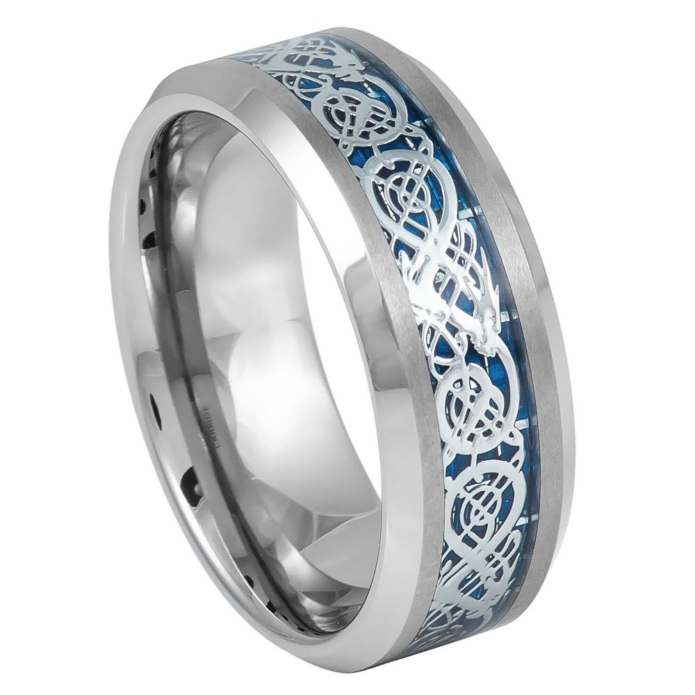 8mm Tungsten Beveled Edge Ring with Blue Celtic Dragon Cut-Out Inlay