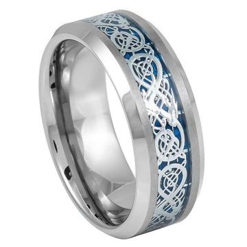 8mm Tungsten Beveled Edge Ring with Blue Celtic Dragon Cut-Out Inlay