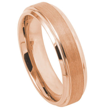 6mm Tungsten Ring, Rose Gold IP Plated, Flat Brushed Center with High Polished Stepped Edge