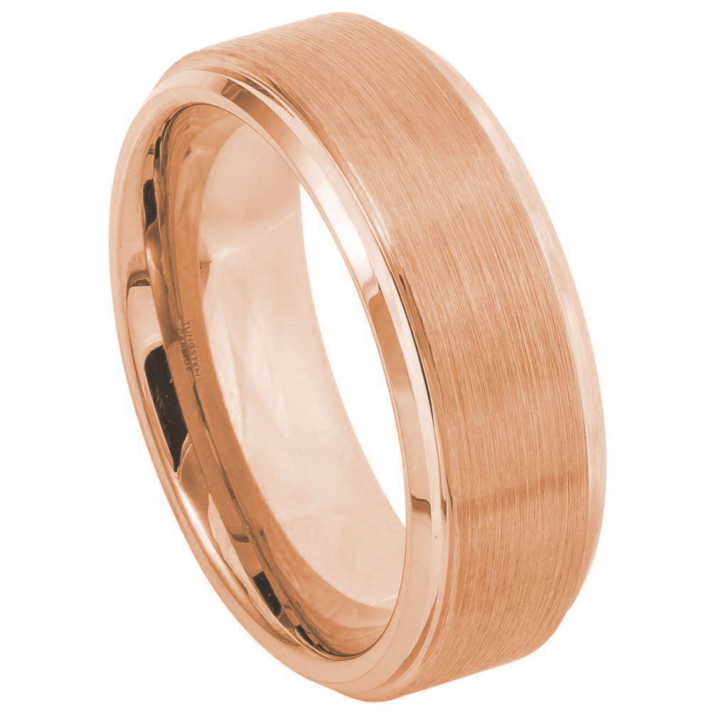 8mm Tungsten Ring in Rose Gold IP with Brushed Center and Polished Stepped Edge