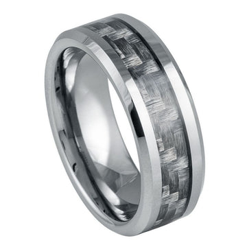 8mm Tungsten Carbide Ring with Dark Grey Carbon Fiber Weave Inlay