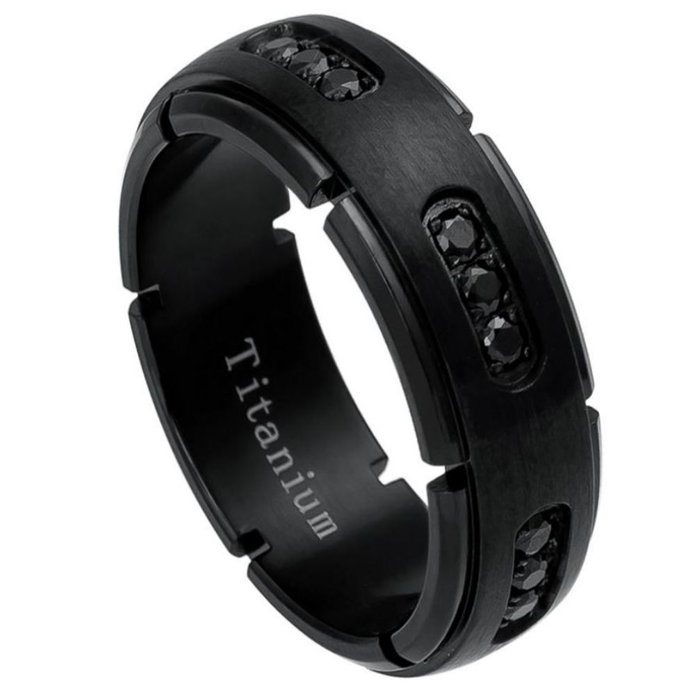 Black IP Plated Titanium Ring with 18 Black CZs – 8mm