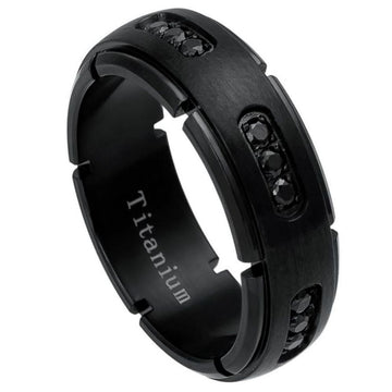 Black IP Plated Titanium Ring with 18 Black CZs – 8mm