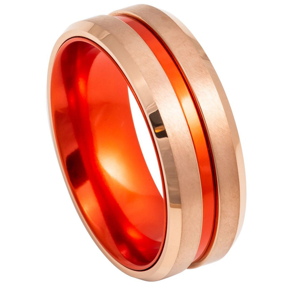 8mm Tungsten Ring with Rose Gold Plating and Red Anodized Aluminum Sleeve