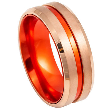8mm Tungsten Ring with Rose Gold Plating and Red Anodized Aluminum Sleeve
