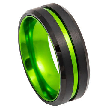 8mm Tungsten Ring, Black IP Plated with Grooved Green Anodized Aluminum Sleeve