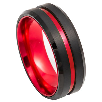 8mm Black IP Tungsten Ring with Grooved Center and Red Anodized Aluminum Sleeve