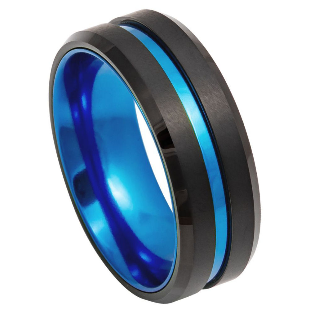 8mm Black IP Plated Tungsten Ring with Grooved Center and Blue Anodized Aluminum Sleeve