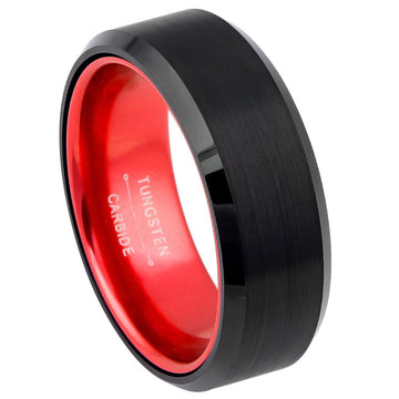 8mm Tungsten Ring with Black IP Brushed Center, Shiny Beveled Edge and Red Anodized Aluminum Insert
