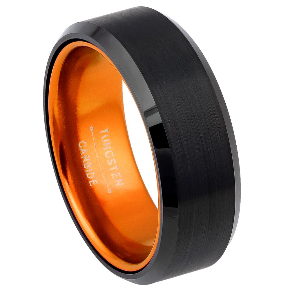 8mm Tungsten Ring with Black IP Brushed Center and Orange Anodized Aluminum Inlay