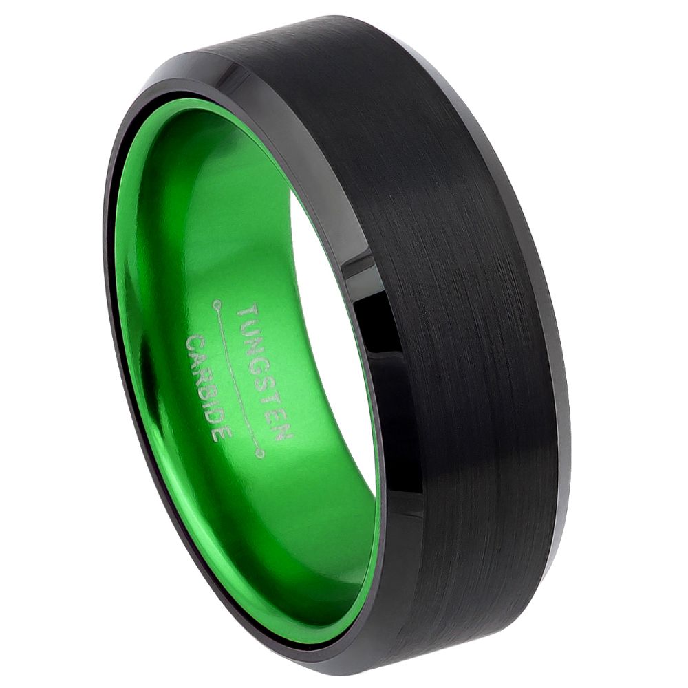 8mm Tungsten Ring with Black IP Brushed Center, Shiny Beveled Edge and Green Anodized Aluminum Sleeve Insert
