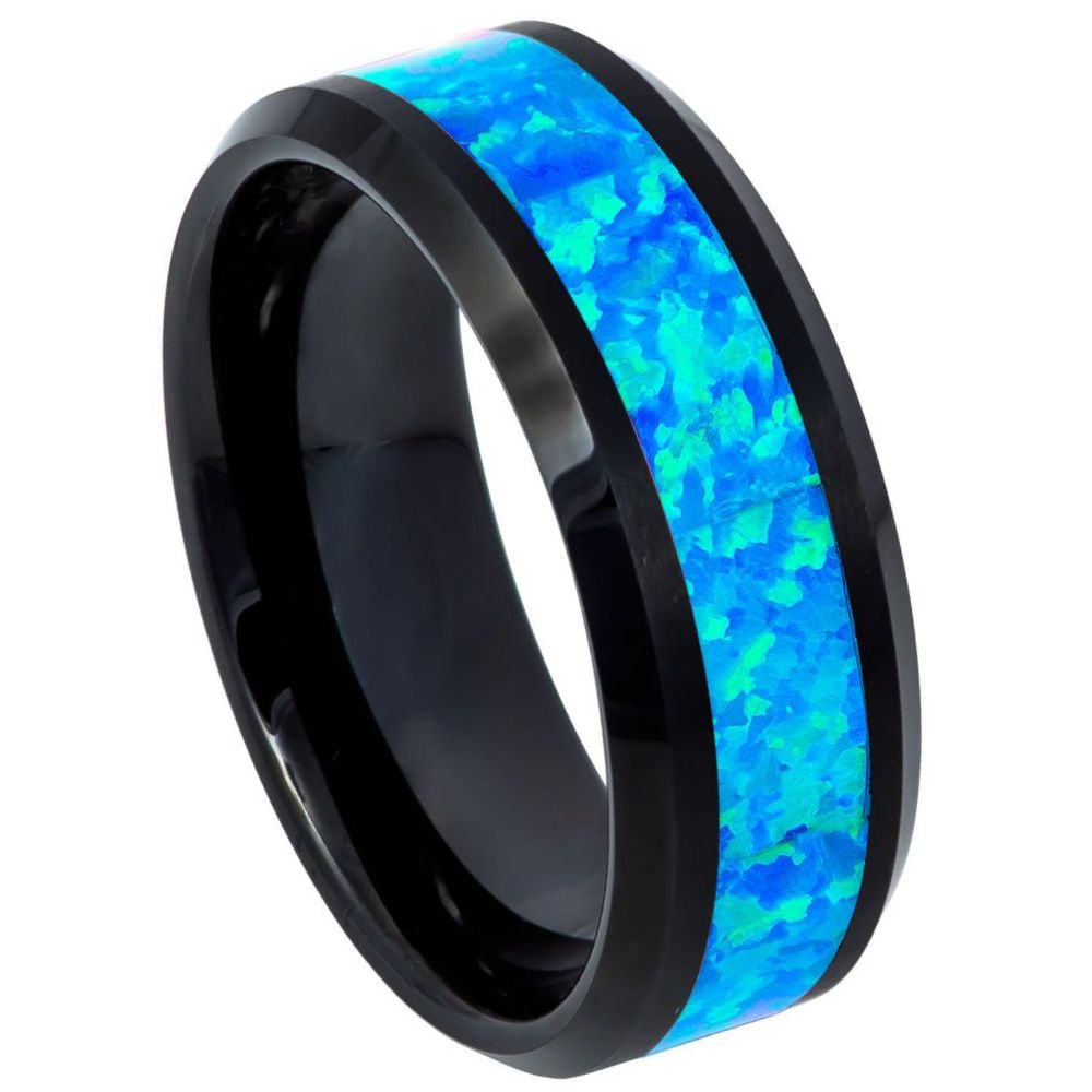 8mm Black IP Plated Tungsten Ring with Synthetic Opal Inlay and Beveled Edge