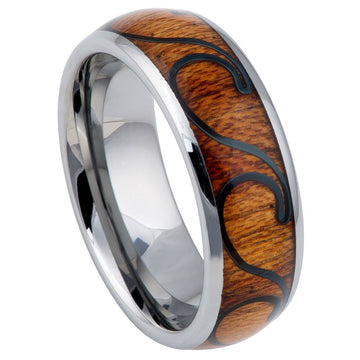 8mm Tungsten Ring with Hawaiian Koa Wood and Black Plated Wave Inlay