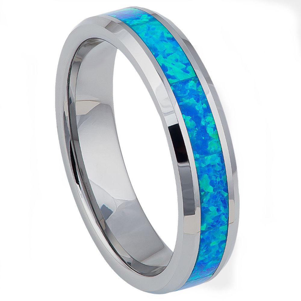6mm Tungsten Ring with Synthetic Opal Inlay and Beveled Edge