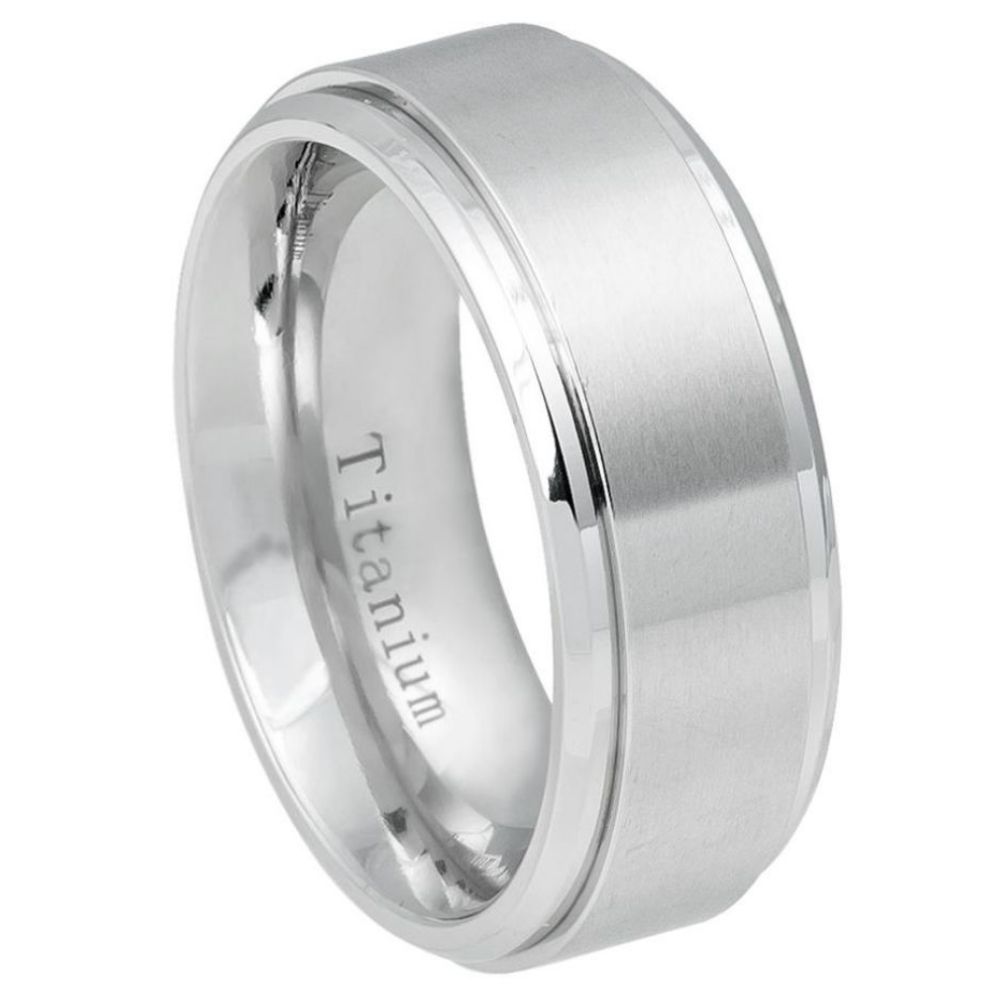 9mm White IP Plated Titanium Ring with Brushed Center and Shiny Stepped Edge