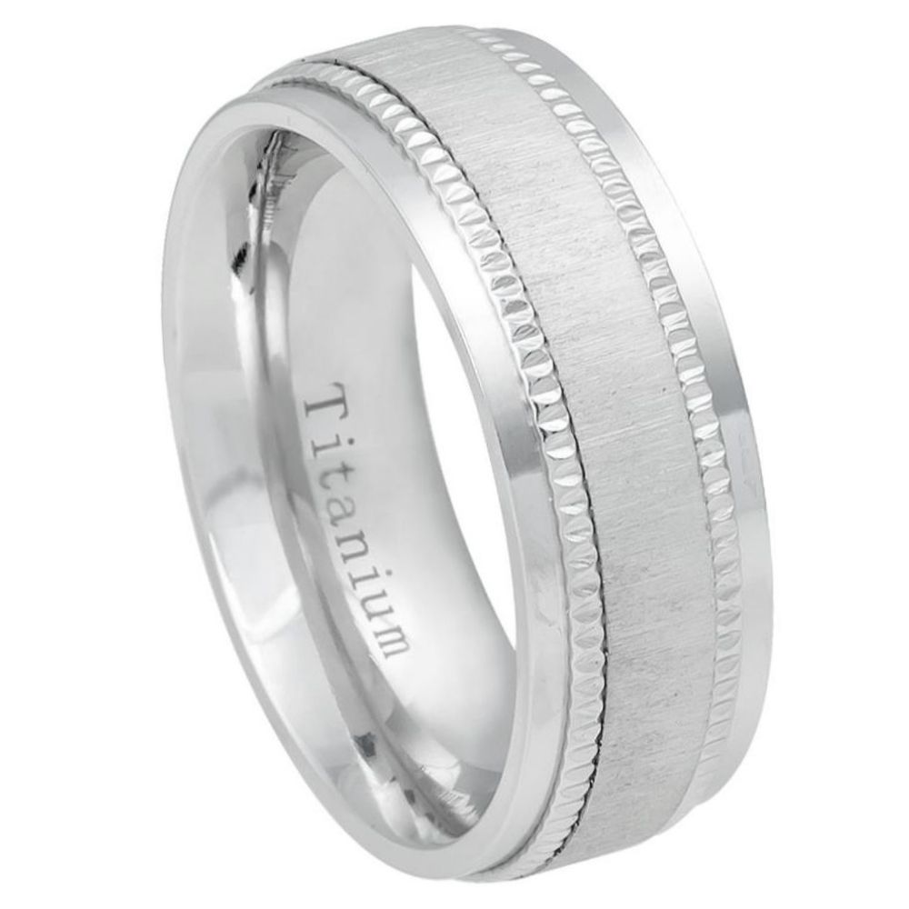 White IP Plated Titanium Ring with Satin Finish Center and Milgrain Stepped Edge, 8mm