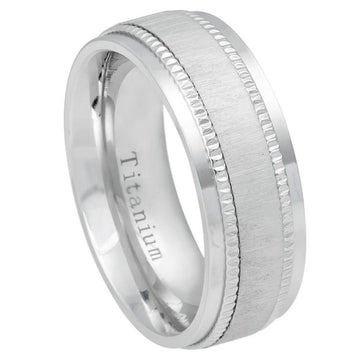White IP Plated Titanium Ring with Satin Finish Center and Milgrain Stepped Edge, 8mm