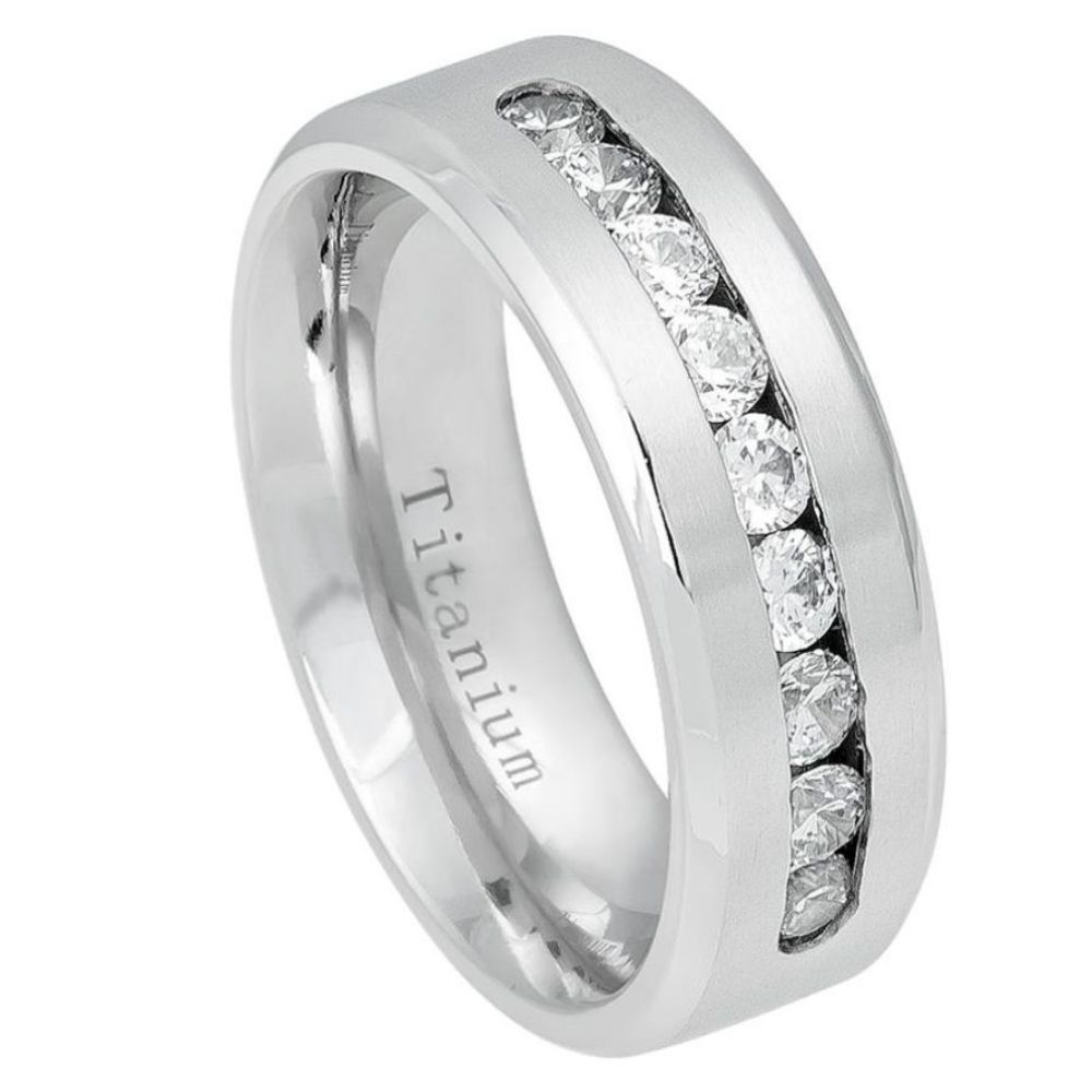 8mm White IP Plated Titanium Ring with Brushed Center, Beveled Edge & 9 Channel-Set CZs