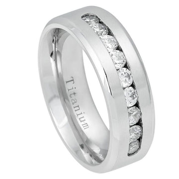 8mm White IP Plated Titanium Ring with Brushed Center, Beveled Edge & 9 Channel-Set CZs