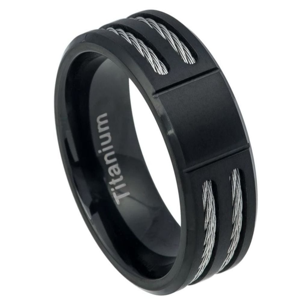 Grooved Center Brushed Black IP Plated Titanium Ring with Double Cable Inlay – 8mm