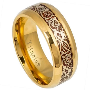 9mm Yellow Gold IP Plated Titanium Ring with Celtic Design and Rosewood Inlay